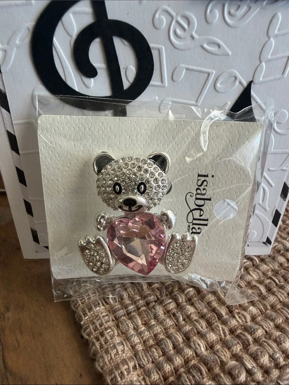 Isabella Silver Teddy Bear Brooch with Pink Heart Gem